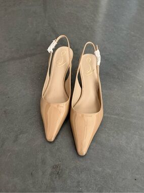 Sam Edelman Nude Patent Leather Pointed Toe Slingback Heels